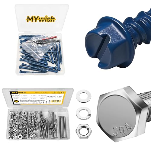 Mywish 30Pcs 1/4 x 2-3/4" Concrete Screws & 210Pcs Hex Head Bolts and Nuts Assortment, Bolts and Nuts Kit with Flat Spring Washers, Slotted Hex Washer Head Masonry Stucco Screws Anchor Kit