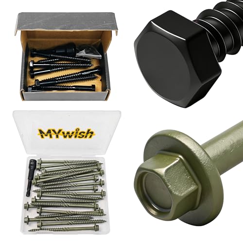 Mywish (8Sets) 3/8" x 4" Hex Head Lag Bolts & 20 Pack #14 x 4 Inch Exterior Lag Screw, 6.3x100mm Serrated Hex Washer Structural Deck Wood Screw, Heavy Duty Lag Screws with Washers, Lag Screws Wood S