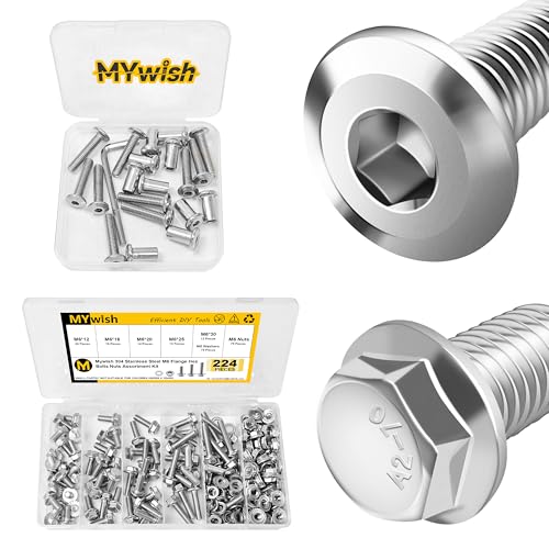 Mywish 10Sets M6 x 30mm Flat Head Hex Socket Cap Screws Bolts and Barrel Nuts Kit & 224Pcs M6 Bolt x 12/16/20/25/30mm, M6x1.0 Bolt, Flanged Hex Head Bolts with Flange Nuts Washers, 304 Stainless Steel
