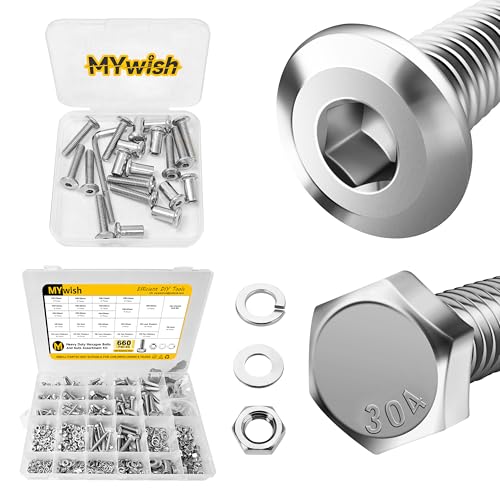 Mywish 10Sets M6 x 30mm Flat Head Hex Socket Cap Screws Bolts and Barrel Nuts Kit & 660PCS M5 M6 M8 Bolt Screw Set, Metric Bolt Assortment, 304 Stainless Steel, Nut and Bolt Set Flat & Spring Washers,
