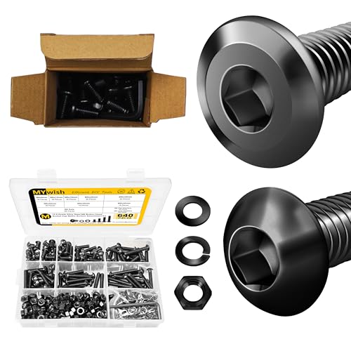 Mywish M10 x 20mm 20Pcs Flat Head Hex Socket Cap Screws Bolts & 640Pcs M6 Screw Black Bolts and Nuts Kit, Steel Nuts and Bolts, Socket Head Cap Screw Metric Bolts Assortment, Machine Screws, Furniture