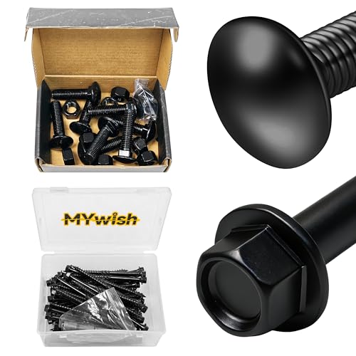 Mywish (8 Sets) 1/2-13 x 2 Carriage Bolts & 50Pcs 4 Inch Wood Screws, #14 x 4 Heavy Duty Outdoor Wood Screws Assortment Kit Deck Screws, Carriage Bolts Screws Round Head Square Neck and Hex Nuts & Fla