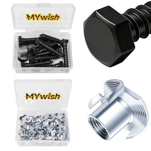 Mywish (10Sets) 3/8" x 2" Hex Head Lag Bolts & 50Pcs 3/8-16 Nut, T Nuts 3/8, 4-Jaw Tee Nuts for Bolts and Stem Caster Wheels, Wood Working Hardware Nut, Rock Climbing Holds & Furniture, Heavy Duty La