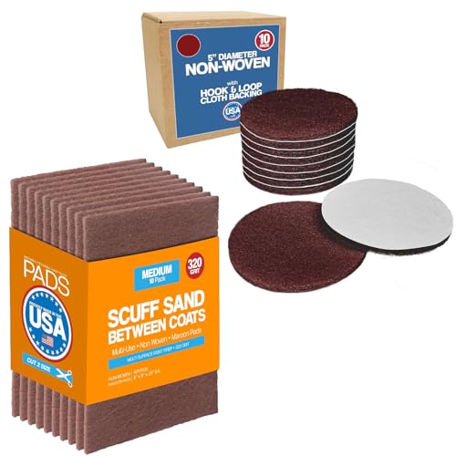 Maroon Non-Woven Surface Prep Set - 6" x 9" Finishing Pads (10 Pack) and 5" Orbital Sander Discs (10 Pack) - 320 Grit