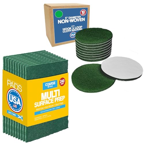 Green Non-Woven Surface Prep Set - 6" x 9" Coarse Scuff Pads (10 Pack) and 5" Orbital Sander Discs (10 Pack) - 240 Grit