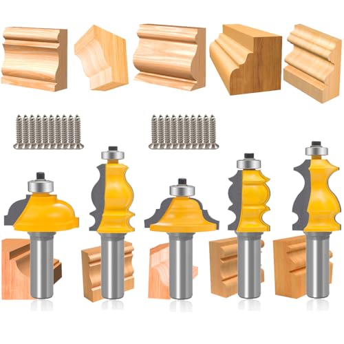 TAIWAIN Router Bit Set 1/2 Inch Shank 5 PCS, Panel Wood Milling Cutter,Rail &Stile Woodworking Miter Carbide CNC Cutting Tool for Cabinet Drawer Door Surfacing Woodwork Router Bits Sets (5)