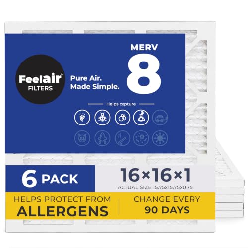 16x16x1 Air Filter, MERV 8, 6 Pack – Premium Pleated HVAC & Furnace Filter, Electrostatic AC Filter Replacement (Actual Size: 15.75" x 15.75" x 0.75") 16x16x1