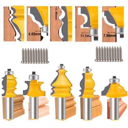 TAIWAIN Router Bit Set 1/2 Inch Shank 5PCS Tongue Groove Edging Router Bits Sets, Raised Panel Wood Milling Cutter Tool Door Drawer Cabinet Woodworking Miter Carbide CNC Cutting Tool (6) 6