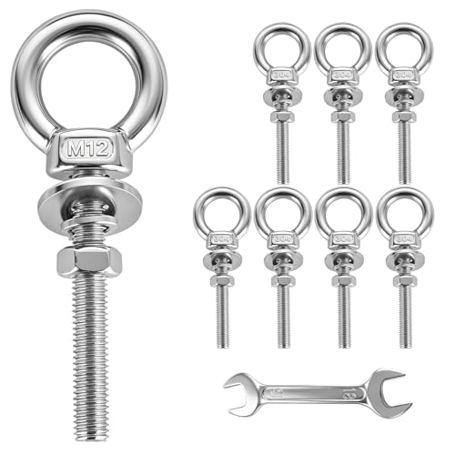 304 Stainless Steel Eye Bolt, M12x77mm (1/2"x3") Heavy Duty Eye Bolts with Nuts Washers, 8 Pack Lifting Ring Eye Bolt for Hanging String Lights Outdoor Tie Down M12x77mm(1/2"x3")