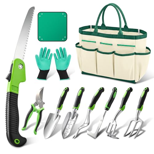 Garden Tool Set Gardening Tools - Heavy Duty Aluminum Tool Kit with Non-Slip Handle, Gardening Gloves and Tool Bag for Weeding, Planting and Pruning, Gifts for Women Mom (Green Set) GREEN SET