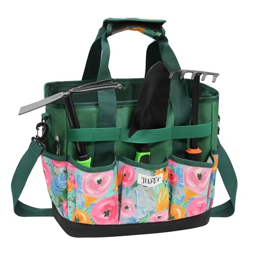 Hard Bottom Floral Garden Tool Tote Bag with Shoulder Strap Green Floral
