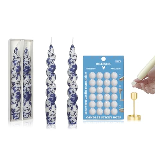 Taper Candle Sticky Dots - White Wax Candle Adhesive Dots & Unscented Floral Taper Candle Spiral Candlesticks