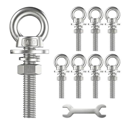 8 Pack M10 Stainless Steel Eye Bolts with Nuts and Washers, 3/8" x 3" Long Lifting Ring Eye Bolt, Heavy Duty Marine Grade 304 Eyebolts for Outdoor String Light Hanging, Tie Down Anchors M10x77mm (3/8"x3") 8