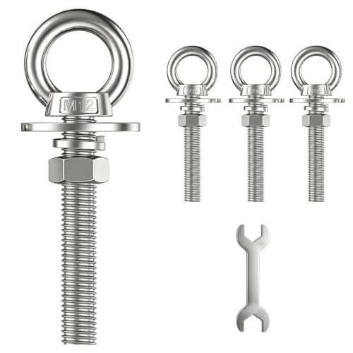 4 Pack M12 Stainless Steel Eye Bolts with Nuts and Washers, 1/2" x 4" Long Lifting Ring Eye Bolt, Heavy Duty Marine Grade 304 Eyebolts for Outdoor String Light Hanging, Tie Down Anchors M12x102mm (1/2"x4")