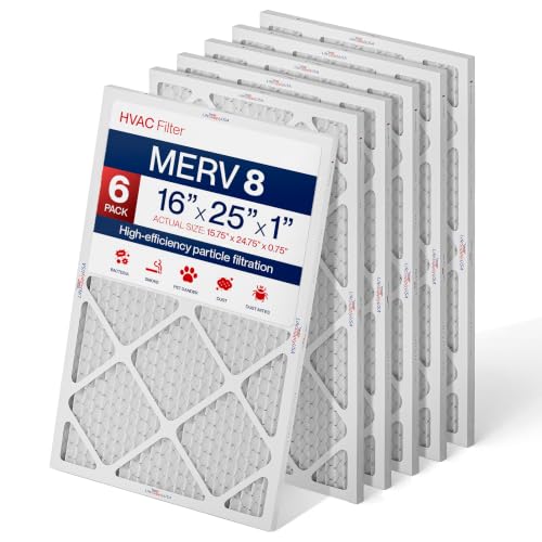 16x25x1 MERV 8 Air Filter, Pleated AC Furnace HVAC Filter by LifeSupplyUSA, High Efficiency Home Air Filter (6 Pack), Actual Size 15.75 x 24.75 x 0.75 in