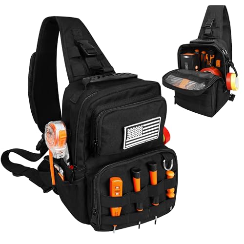 Small Tool Bag, Shoulder Tool Bag Organizer for Electricians, Small Tactical Sling Bag for Men, Heavy Duty Compact Tool Chest Bag with Multi-Pocket Organization & MOLLE System(Black 12 Inch) Black