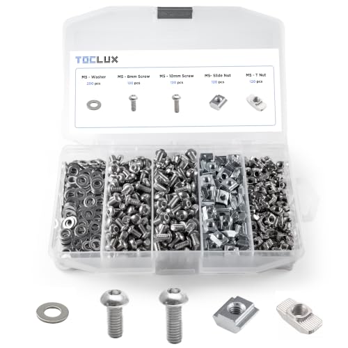 680 pcs 20 Series Aluminum Extrusion Silver M5 T-Nut and Screw Kit – Sliding & Drop-in T-Nuts, M5x8mm & M5x10mm Screws, Washers – for 6mm T-Slot Accessories Extruded Aluminum Hardware 680 pcs 20 Series M5 Silver
