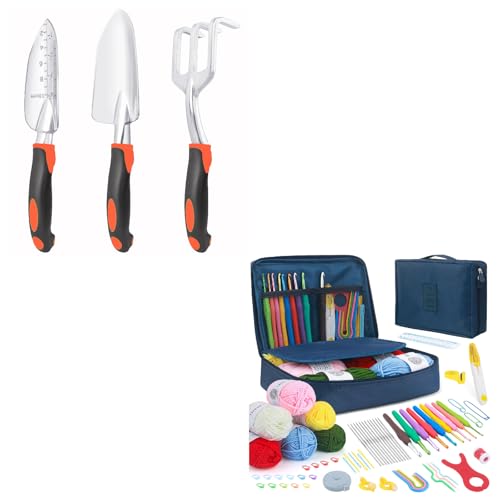 Garden Tools Set, 3 Pack Heavy Duty Gardening Tools Set + Crochet Kit for Beginners, 67 Pcs Knitting Kits Crochet Set with Yarn