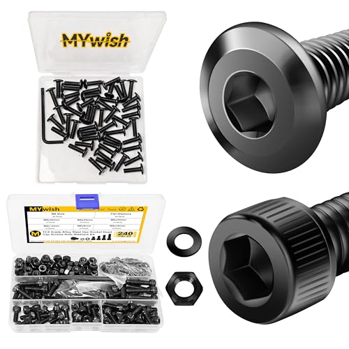 Mywish M6 x 20mm 50Pcs Flat Head Hex Socket Cap Screws Bolts & 240Pcs M6 Bolt Nuts and Bolts Assortment Kit, M6 Screw x 8/10/12/16/20/25/30mm, Metric Screw Assortment, Nuts and Bolts, Washers