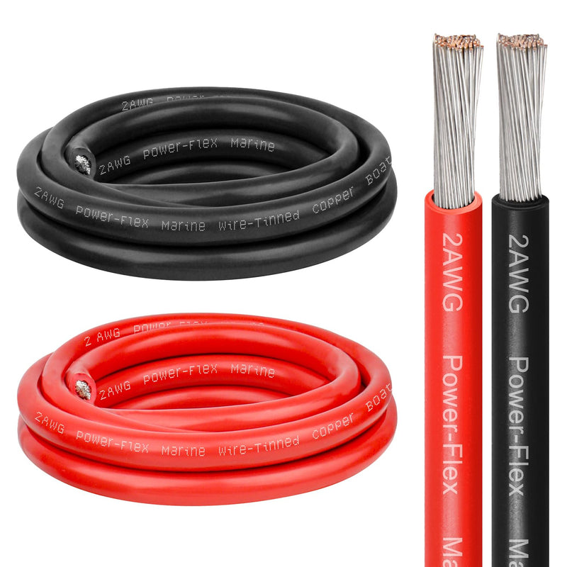 2 Gauge Marine Wire, 2 AWG Tinned Copper Electrical Wire, Boat Cable for Automotive, Solar, Car Audio, Trailer, Camper & Marine Wiring(2 AWG, 3FT Red + 3FT Black) 3 FT 2 Gauge