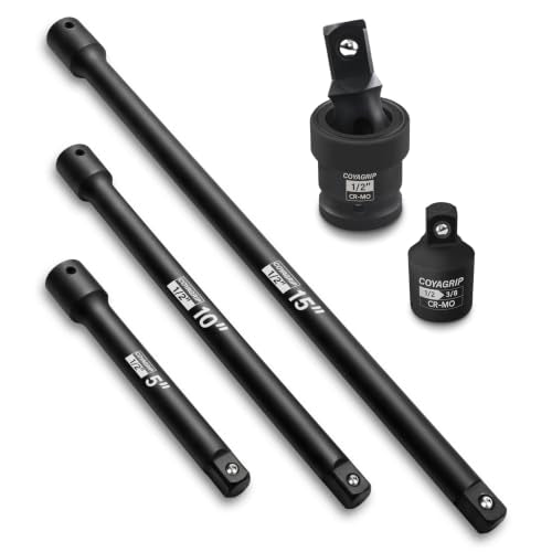 1/2" Drive Impact Socket Extension Set, 5-Piece Includes 5", 10", 15" Extension Bars, Universal Joint Socket and 1/2" to 3/8" Adapter, Black Phosphate Finish, Chrome Vanadium Steel 1/2" Drive - 5-Piece Extension Bar