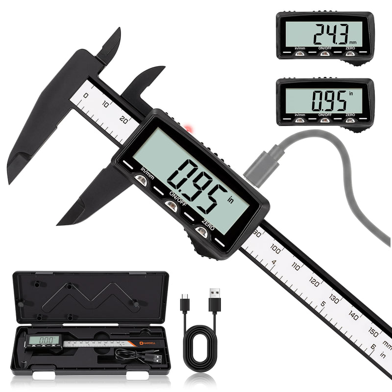 HARDELL Plastic Digital Caliper Rechargeable, 6 Inch Measuring Tool with LCD Screen, Inch/mm Conversion, Auto-Off - for Woodworking, DIY, Home Repairs and Jewelery Making Classic 6 inches 0 6"
