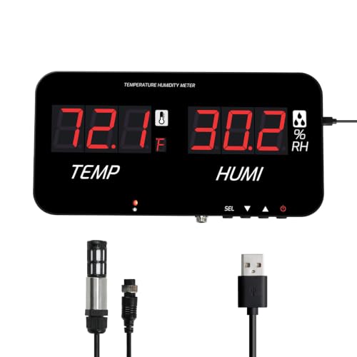 Digital Hygrometer Thermometer LED Display, -20~80°C / 0~100% RH, ±1°C Accuracy, Custom Alarms (6-120s), Table/Wall/Tripod Mount, Type-C, for Home, Office, Lab, Warehouse