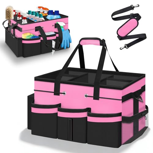 ZKOO Large Cleaning Caddy Bag with Handle, Portable Cleaning Supply Organizer Tote with Sturdy Support Board Adjustable Shoulder Strap, Multi-Compartment Storage for Housekeepers, Maids Cleaners, Pink