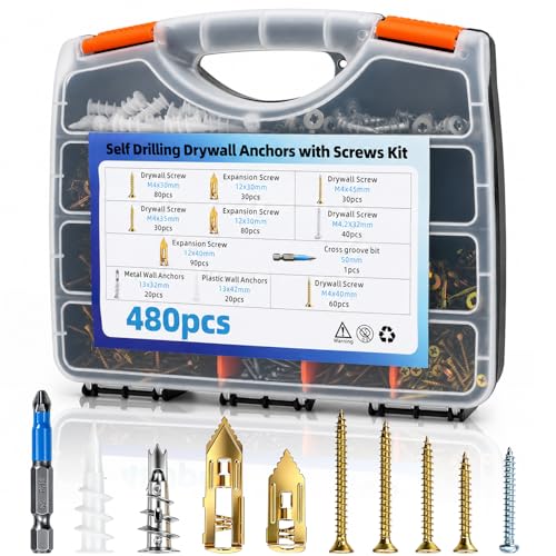 Peohud 480 PCS Self Drilling Drywall Anchors Kit, 4 Sizes Anchors and 5 Sizes Zinc Plated Screws, No Drill Required, Heavy Duty Wall Anchor Set for Hanging Pictures, Shelves, Curtains
