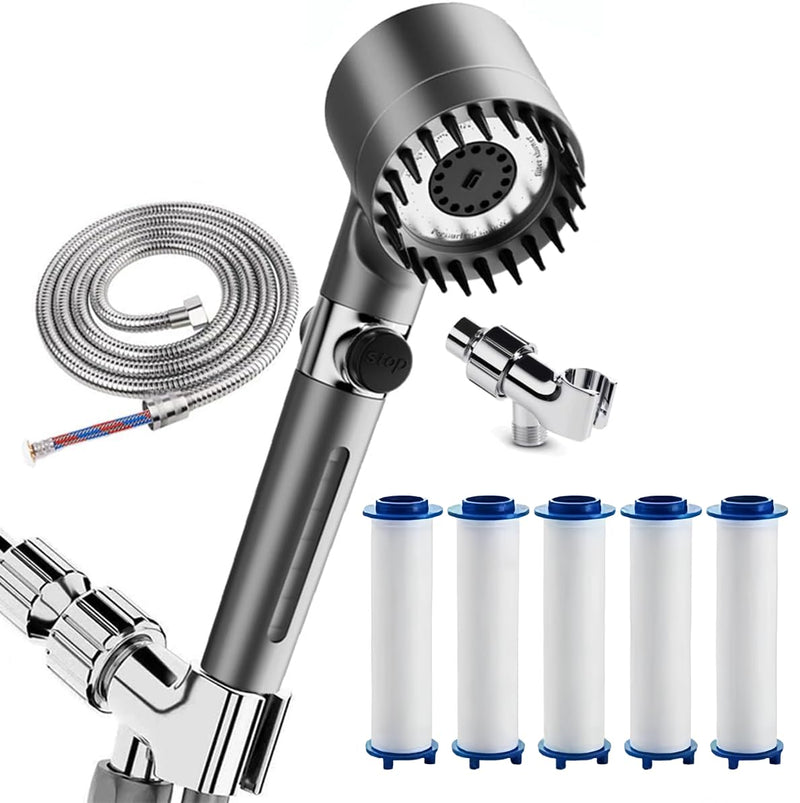Shower Drops Head Filtered Showerhead With Five Filters,Filtered Shower Head With Handheld,High Pressure Turbo Showerhead,Reusable,Adjustable Settings With Hose4-piece set