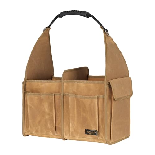 Tool Bag, 13.8-inch Heavy Duty Wide Mouth Water-Resistant Waxed Canvas Garden Bag with Reinforced Bottom for Tools, Wrenches, Screwdrivers | Khaki