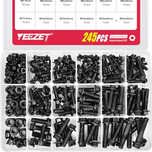 Flanged Bolts and Nuts Kit, Black Alloy Steel Grade 10.9, 245 Pieces, M6 M8 M10, Hex Flange Head, Black Oxide Finish 245PCS M6 M8 M10 Bolts and Nuts Kit