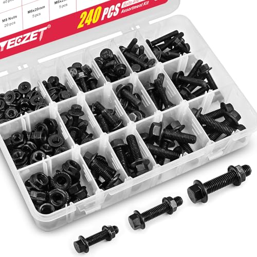 Flanged Hex Bolts and Nuts Assortment Kit, Black Alloy Steel Grade 10.9, 240 Pieces, M5 M6 M8 Metric Sizes, Black Oxide Finish 240PCS M5 M6 M8 Bolts and Nuts Kit