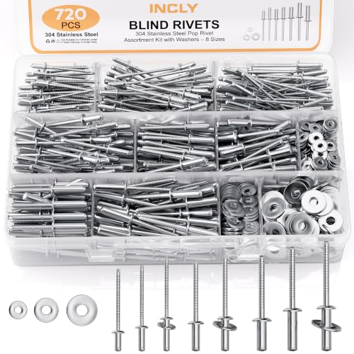 INCLY 720Pcs 304 Stainless Steel Rivets with Washer Assortment Kit Silver