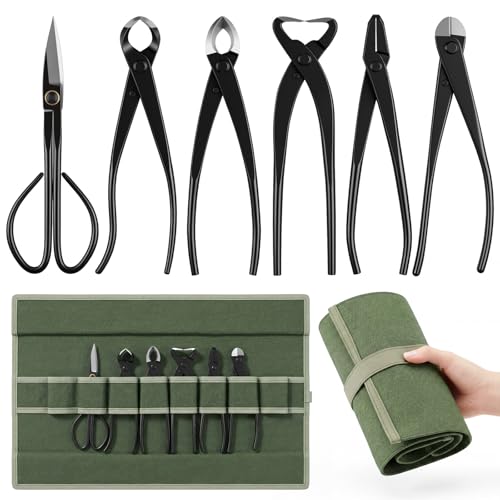 7-piece Bonsai Pruning Tool with Bag, Includes Knob, Concave, Root Cutter, Leaf Bud Scissors, Wire Cutter, Pliers and Tool Bag for Gardening, Horticulture Pruning and Care