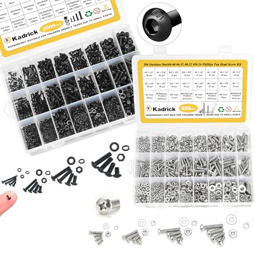 920 Pcs #4-40#6-32#8-32#10-24 Phillips Pan Head SAE Screws Kit and 2000 Pcs M2 M5 M4 M5 Hex Socket Button Head Screw Assortment Black Zinc Galvanized
