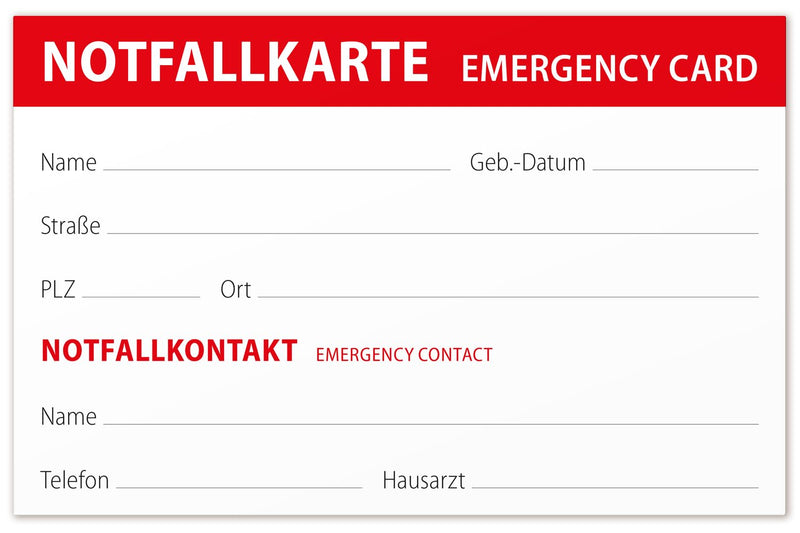 OHM® 10 x Emergency Emergency Card - Credit Card Size | More safety for children and seniors, emergency medical information for first aid such as contact address, etc.