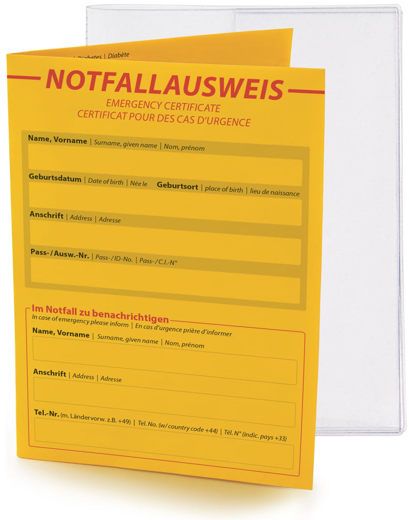 OHM® Emergency ID with Protective Case - Medical Alert Passport | European version German and English, sturdy paper, passport size, vital health data such as emergency contact