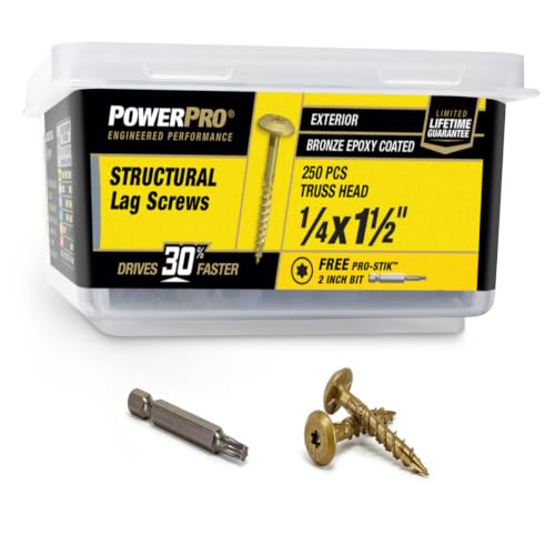 Power Pro Structural Lag Screws, 1/4in x 1-1/2in, 250 Pieces, Bronze 1/4 inch x 1-1/2 inch 250pc