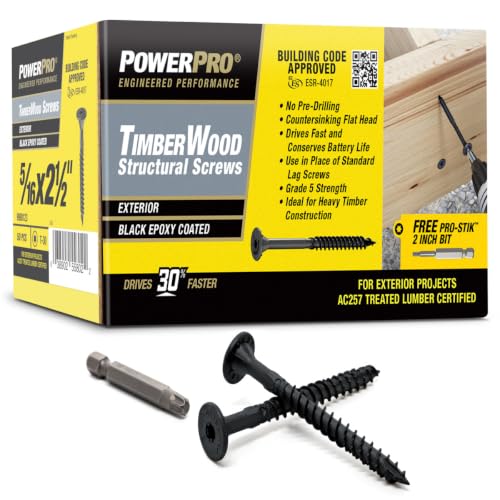 Power Pro TimberWood Structural Screws, 5/16in x 2-1/2in, 50 Pieces, Black 5/16 inch x 2-1/2 inch 50pc