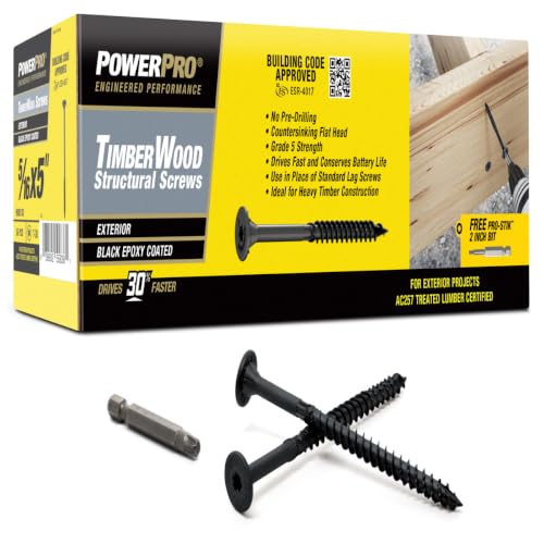 Power Pro TimberWood Structural Screws, 5/16in x 5in, 36 Pieces, Black 5/16 inch x 5 inch 36pc