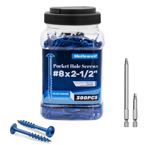 Mellewell #8 x 2-1/2" Blue Coated Pocket Hole Screws, Square Drive Self Tapping Wood Screws, Coarse Thread Anti-Rust Coated Wood Screw, 65MM 150MM Drive Bits Included, Carbon Steel, 300 PCS #8 x 2-1/2"