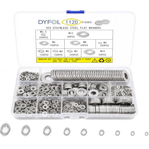 1120 Pcs Stainless Steel Flat Washers for Screws, 304 Stainless Steel, Assorted Sizes (M2 M2.5 M3 M4 M5 M6 M8 M10 M12) for Industrial Use, Washers for Bolts (1120, M2-12) 1120