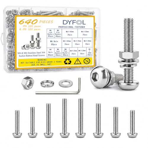 640PCS M4&M6 Button Head Socket Screws Nuts Spring Washers Flat Washers Assortment Kit with 2 Allen Keys,Stainless Steel 304 Button Head Socket Cap Metric Screw Assortment,Full Thread M4 M6 Screws kit 640