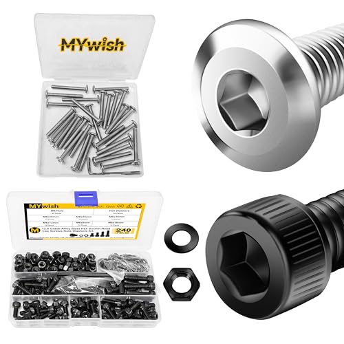 Mywish 30Pcs M6 x 50mm M6 Screws & 240Pcs M6 Bolt Nuts and Bolts Assortment Kit, M6 Screw x 8/12/16/20/25/30mm, Flat Head M6x1.0 Bolt Hex Socket Cap Screws Bolts, Metric Screw Assortment
