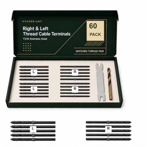 HYPERGIANT 60 Pack Cable Rail Kit for Wood Posts, Black Cable Railing Hardware with T316 Right & Left Thread Swage Lag Screws and Crimp Tensioner Terminals for 1/8 Inch Wire Rope