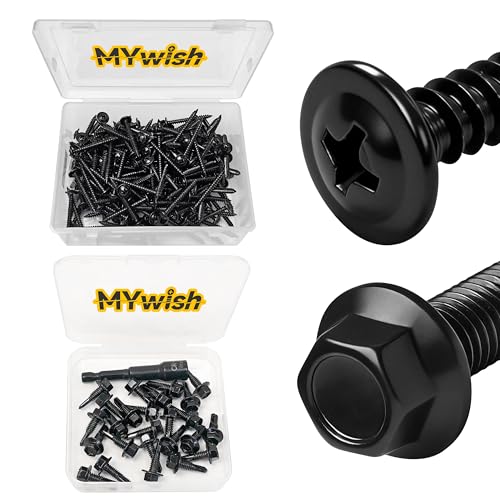Mywish 100Pcs #10×2" Black Self Tapping Screws for Metal & 25Pcs #12 x 3/4" Serrated Flange Hex Washer Head Sheet Metal Screws, Self Tapping Screws, Tek & Thread Cutting Self-Drilling Screws for Metal