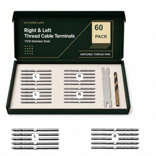 HYPERGIANT 60 Pack Stainless Cable Railing Kit Terminal Hardware, 1/8 Cable Railing Hardware with T316 Right & Left Thread Swage Lag Screws for Wood Posts, Silver