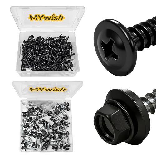 Mywish 100Pcs #10×2" Black Self Tapping Screws for Metal & 50pcs #10 x 1-1/2 Hex Head Self-Drilling Sheet Metal Roofing Screws with EPDM Washer, Sheet Metal Roof Screws, Self Drilling Screws High-Stre
