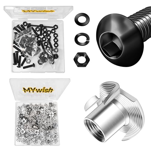 Mywish (20Sets) 1/4-20 Bolt x 1" Button Head Socket Cap Bolts & 100Pcs 1/4-20 Nut, 304 Stainlee Steel 1/4 20 Hardware Nut, 4-Pronged Tee Blind Nuts Threaded Insert T Nuts for Wood Working